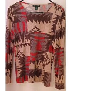 VTG Lauren Ralph Lauren LRL Southwestern Aztec Patchwork Henley Top XL 90s Boho